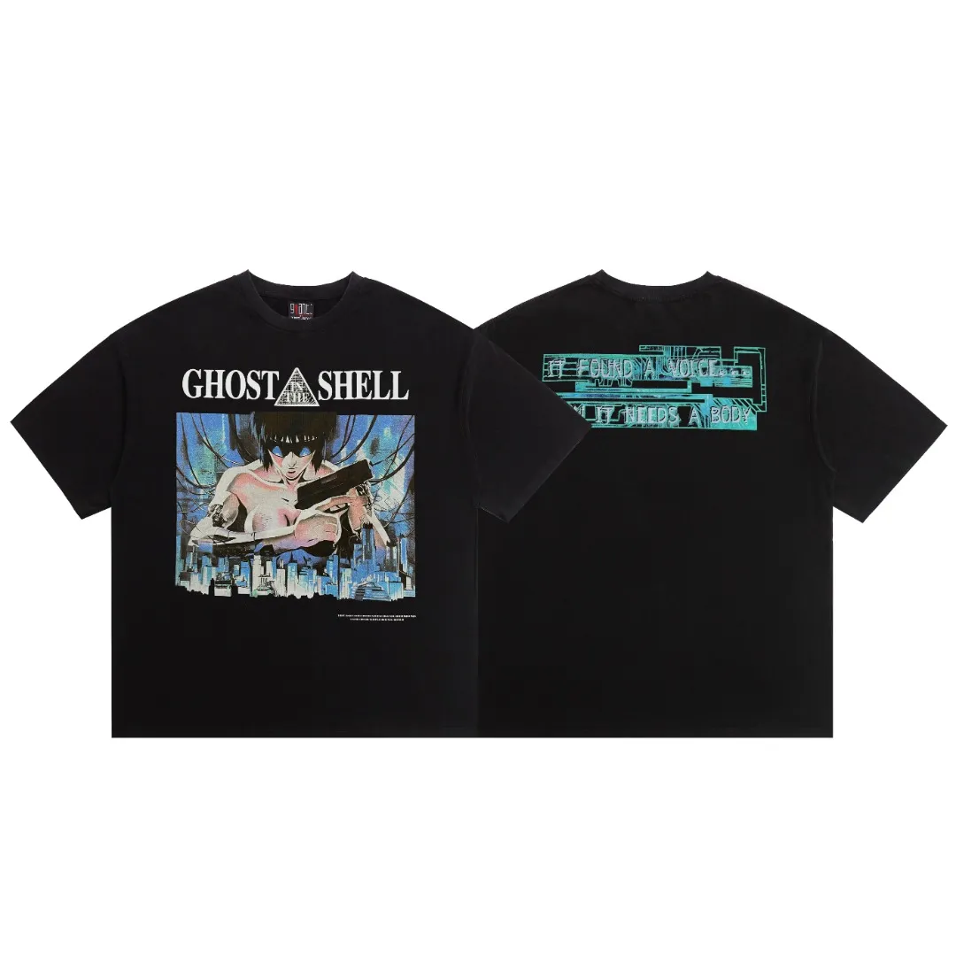 Mechao Saint Michael's retro co-branded anime Ghost in the Shell washed and distressed loose short-sleeves with digital white ink direct printing, the fabric is breathable and the pattern is three-dimensional and clear. Style number: S803 Fabric: Double yarn 240g Size: S-M-L-XL Color: Washed black Price: P118